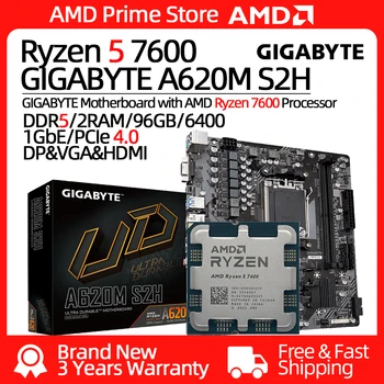 GIGABYTE A620M S2H + AMD Ryzen 5 7600 CPU, Doska a Procesor Auta Ryzen Max 5.1 GHz 6 Core 12 Niť DDR5 pre PC Gamer