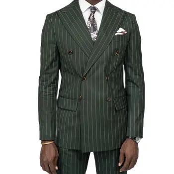 Zelené Pruhy Obleku pre Mužov Dvojité Breasted 2 Ks Slim Fit Retro Mužské Oblečenie Nastaví na Podnikanie,Bežné Denné,Svadobné