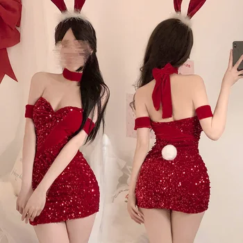 Erotické Dievčatá Kostým Bunny Red Velvet Sequin Popruh Šaty Králik Roleplay Exotické Nastaviť Vianočné Santa Bielizeň Nový Rok Milenca Darček