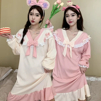 2023 Jeseň Plus Veľkosť Dlhý Rukáv Bavlna Nightgowns pre Ženy kórejský Sexy Čipka tvaru Sleepwear Noc Šaty Nightdress oblečenie pre voľný čas