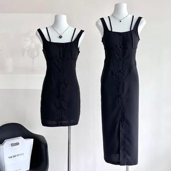 Nádrž Šaty Pre Ženy Hrudníka Pad Špagety Popruh Štíhle Pevné Čierne Jednodielne Zadné Zips Elegantné Rovné Šaty