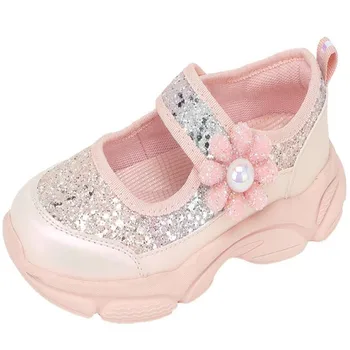 Dievčenské Lesklé športové topánky 2023 nové jeseň detský bežné jednej topánky dievčatko flitrami kvetina Princezná obuv Dievčenské Tenisky