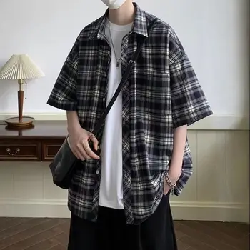 Kockovaná-krátke rukávy tričko pánske letné Americký retro kabát dizajn, Japonské módnej značky trend-krátke rukávy tričko