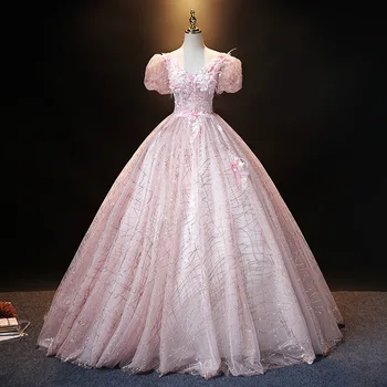 Ružová Luxusný Lesk Sequined Quinceanera Šaty, Krátky Rukáv 3D Kvety Princess plesové Šaty, Čipky Formálny Ples Maturitné Šaty