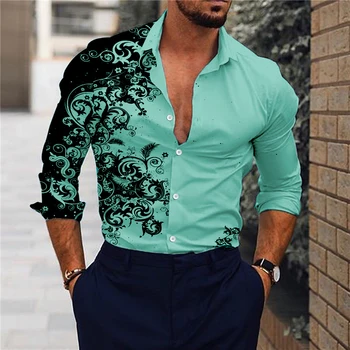 2023 Jeseň Hot predaj Nové pánske Slim Kvetinový Dlho Puzdre Tričko Luxusné Prom Dovolenku Bežné Nosenie Kvet Tričko pánske Oblečenie 3XL